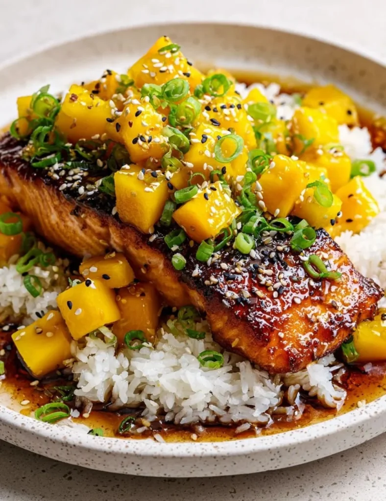 Grilled Mango Teriyaki Salmon with vibrant mango glaze and garnishes