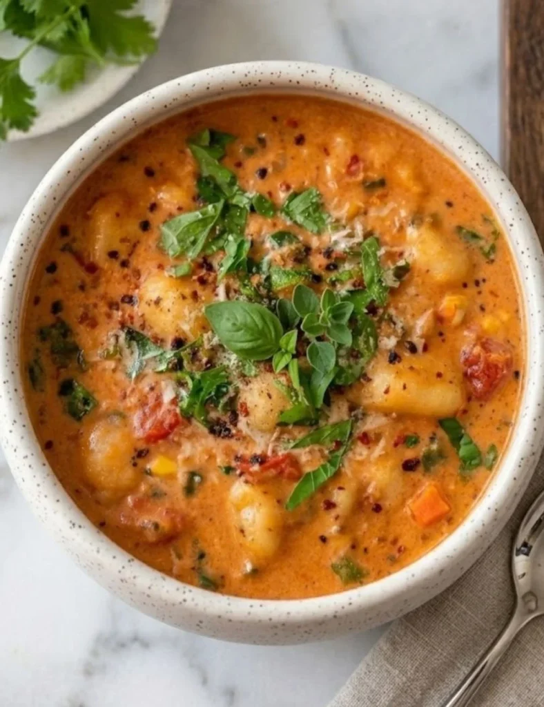 Delicious bowl of sun dried tomato gnocchi soup garnished with herbs