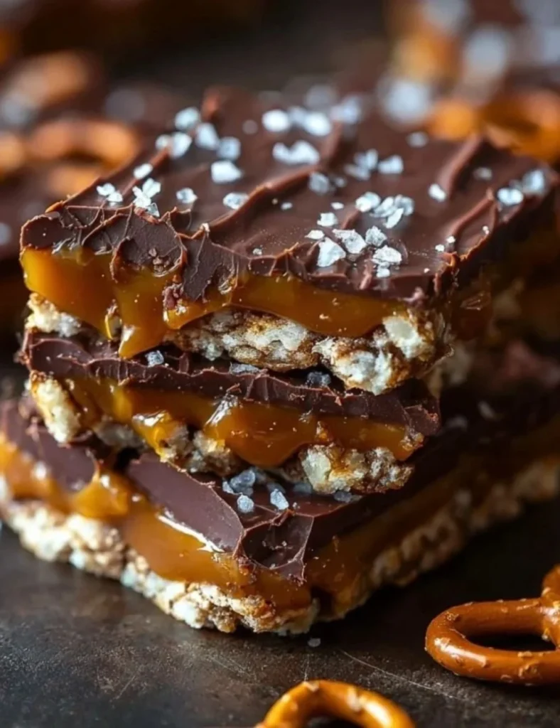 Delicious no bake salted caramel pretzel bars topped with sea salt.