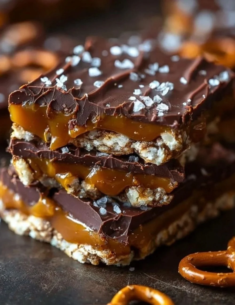 Delicious no bake salted caramel pretzel bars topped with sea salt.
