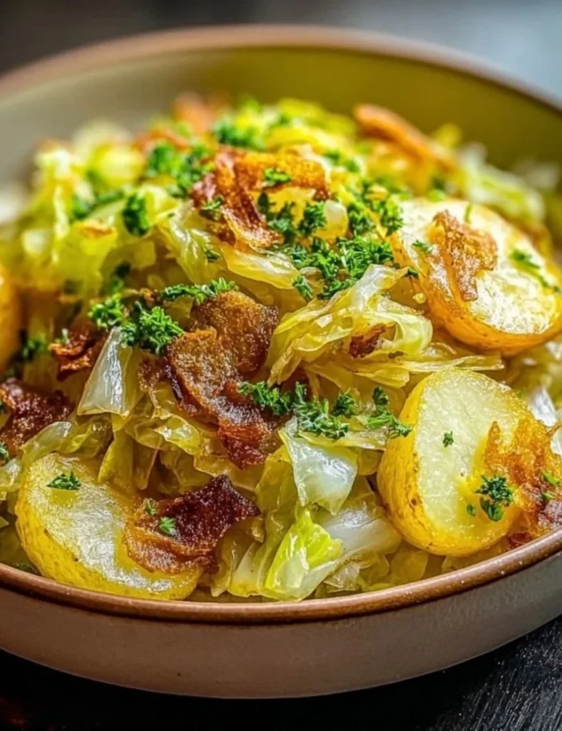 Plate of nostalgic fried cabbage and potatoes served in a rustic setting.