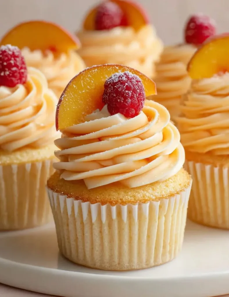 Peach Bellini Cupcakes topped with peach frosting and sparkling garnish