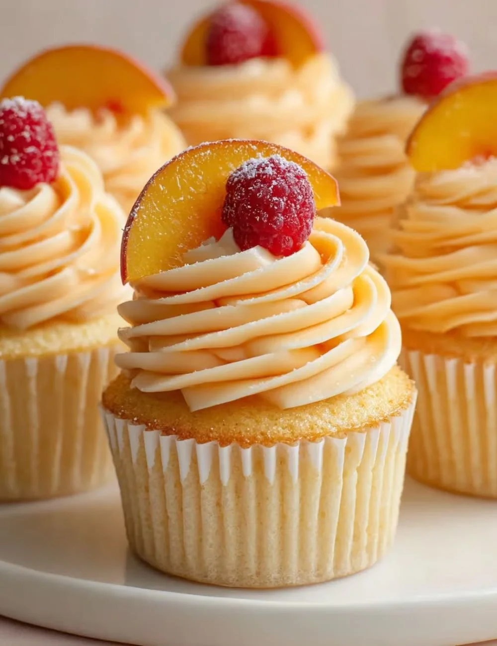 Peach Bellini Cupcakes topped with peach frosting and sparkling garnish