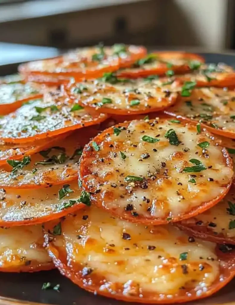 Delicious Pepperoni Cheese Crisps on a wooden board