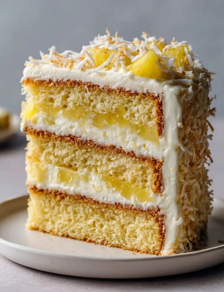 Slice of Pineapple Coconut Dream Cake with tropical toppings