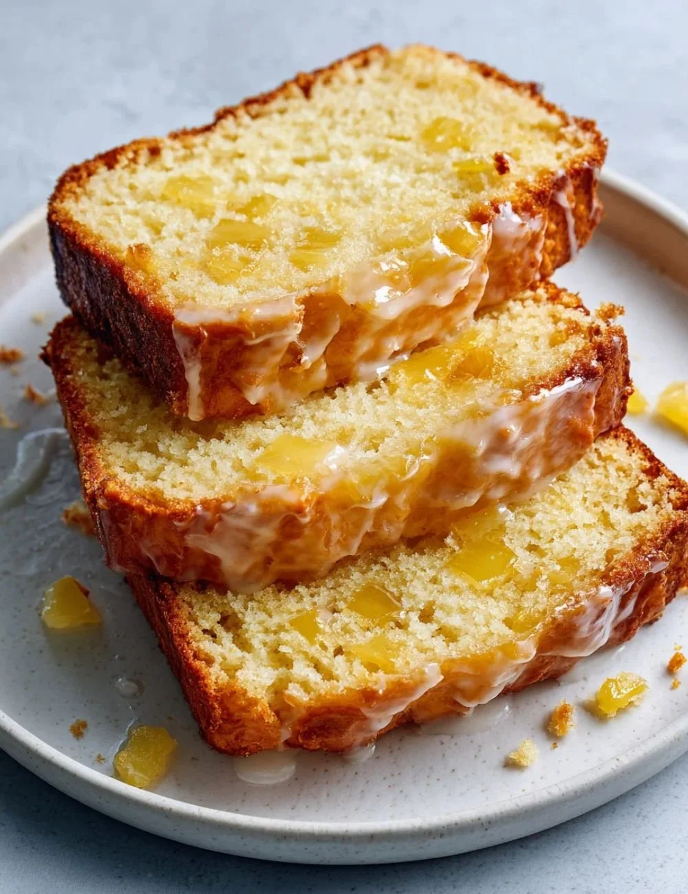 Loaf of homemade Pineapple Quick Bread on a wooden cutting board
