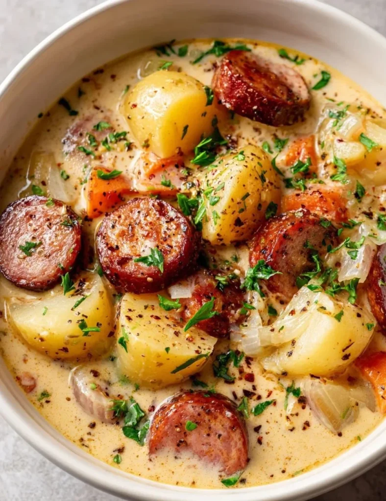 Bowl of creamy Potato Kielbasa Soup with fresh herbs and sausage slices.