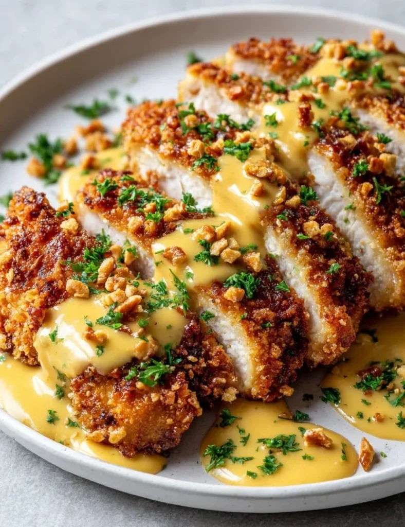Plate of pretzel crusted chicken drizzled with cheddar mustard sauce