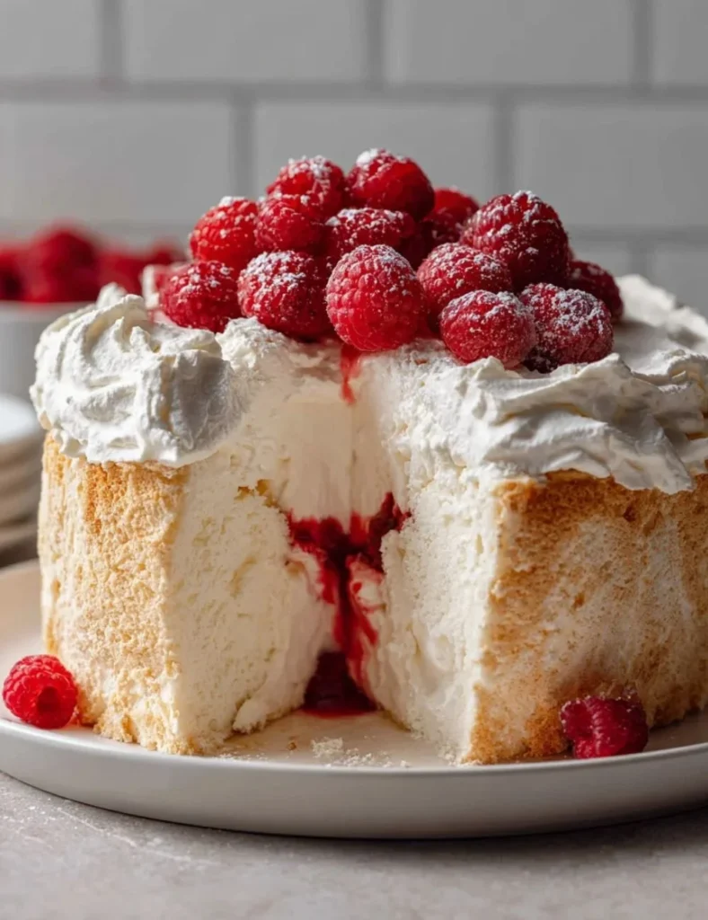 Raspberry Angel Food Cake topped with fresh raspberries and whipped cream