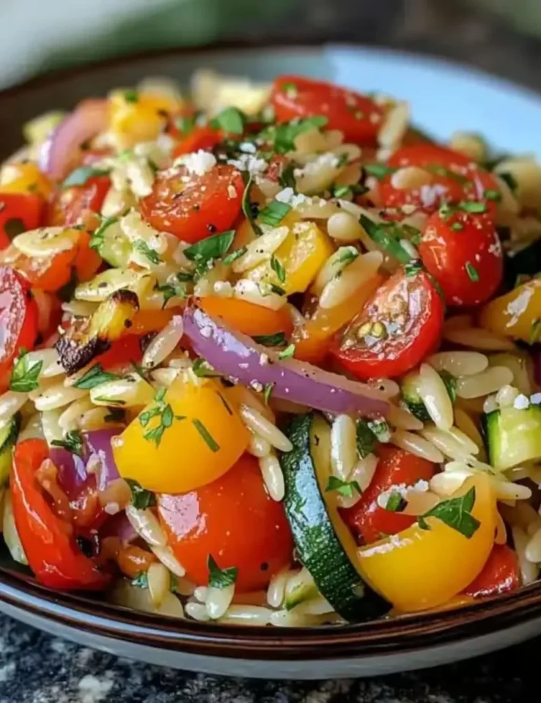 A bowl of roasted vegetable orzo with colorful vegetables and herbs.