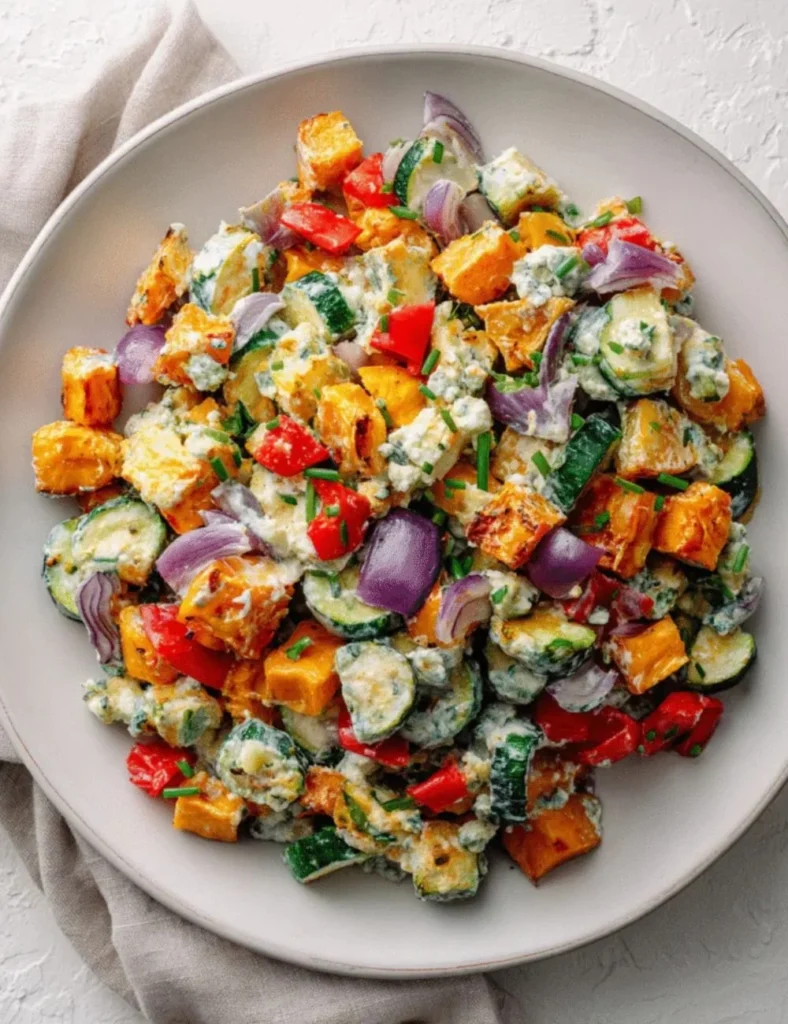 Roasted Veggie & Whipped Cheese Salad featuring colorful vegetables and creamy cheese