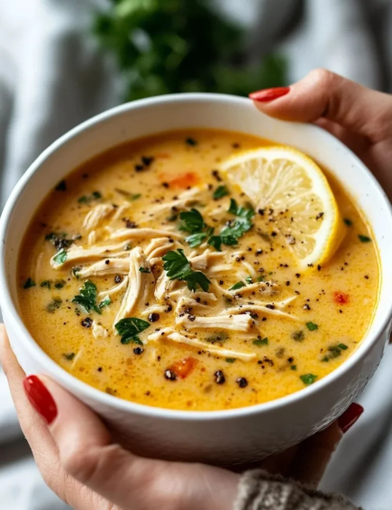 Bowl of slow cooked Thai chicken soup garnished with herbs