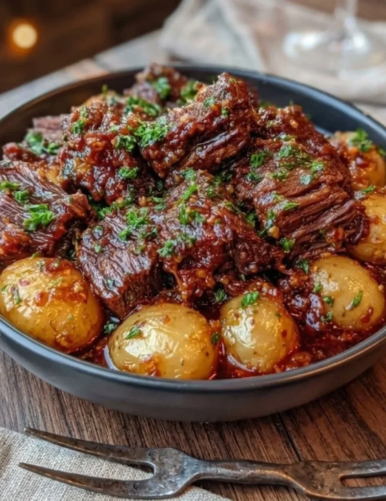 Slow cooker garlic butter beef with potatoes served on a plate