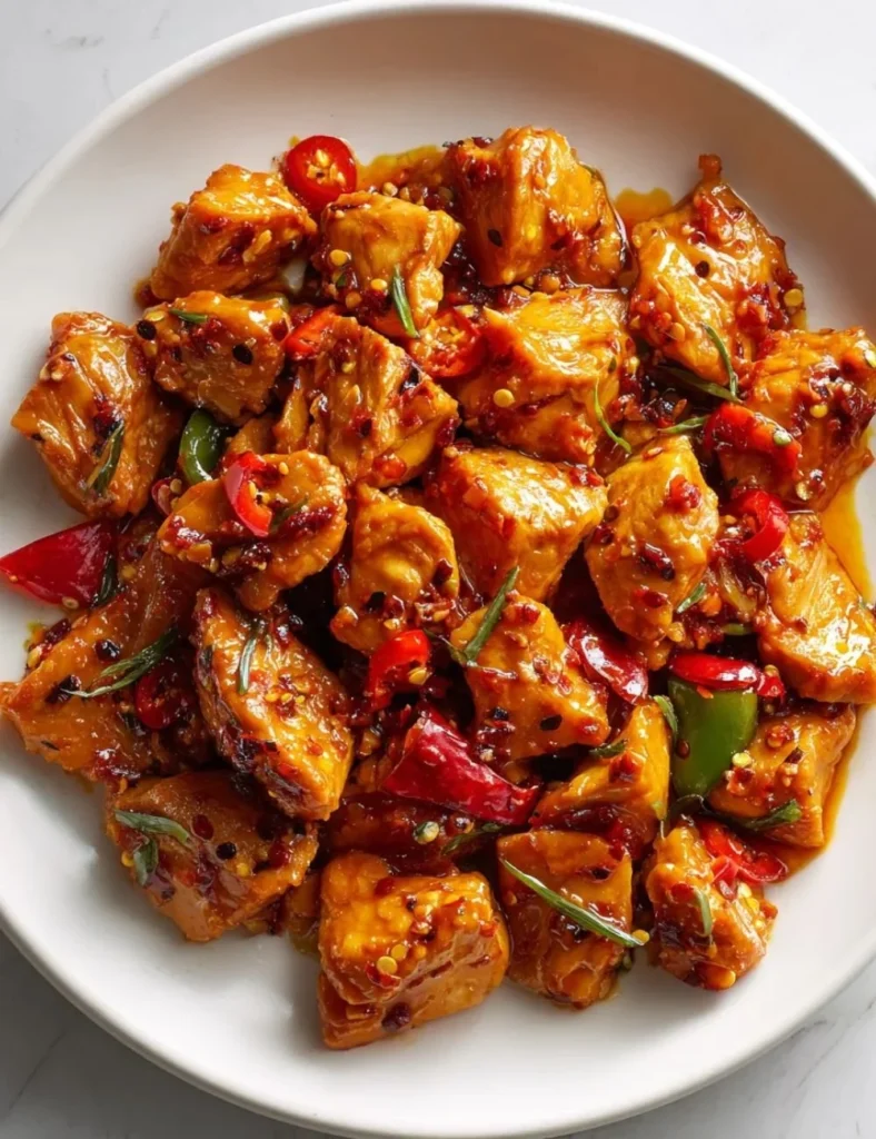 Spicy Sweet Chicken Diablo dish garnished with fresh herbs