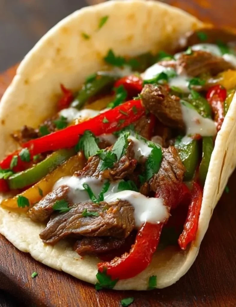Delicious steak fajitas served with colorful peppers and onions.