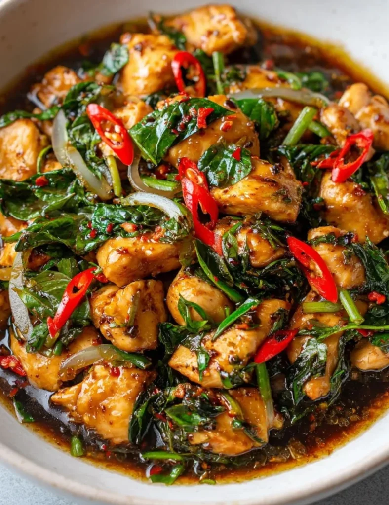 Delicious Thai Basil Chicken Stir Fry served with rice