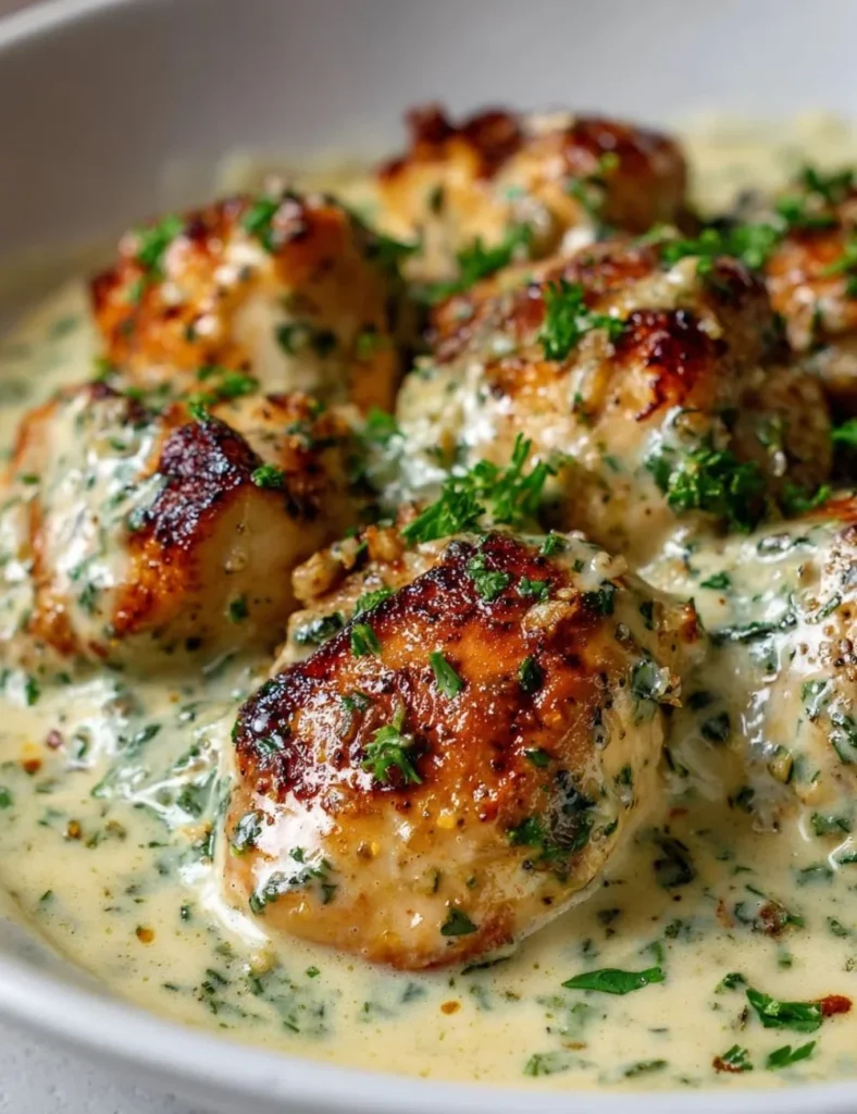 Turkish chicken in creamy white sauce served on a plate with garnish
