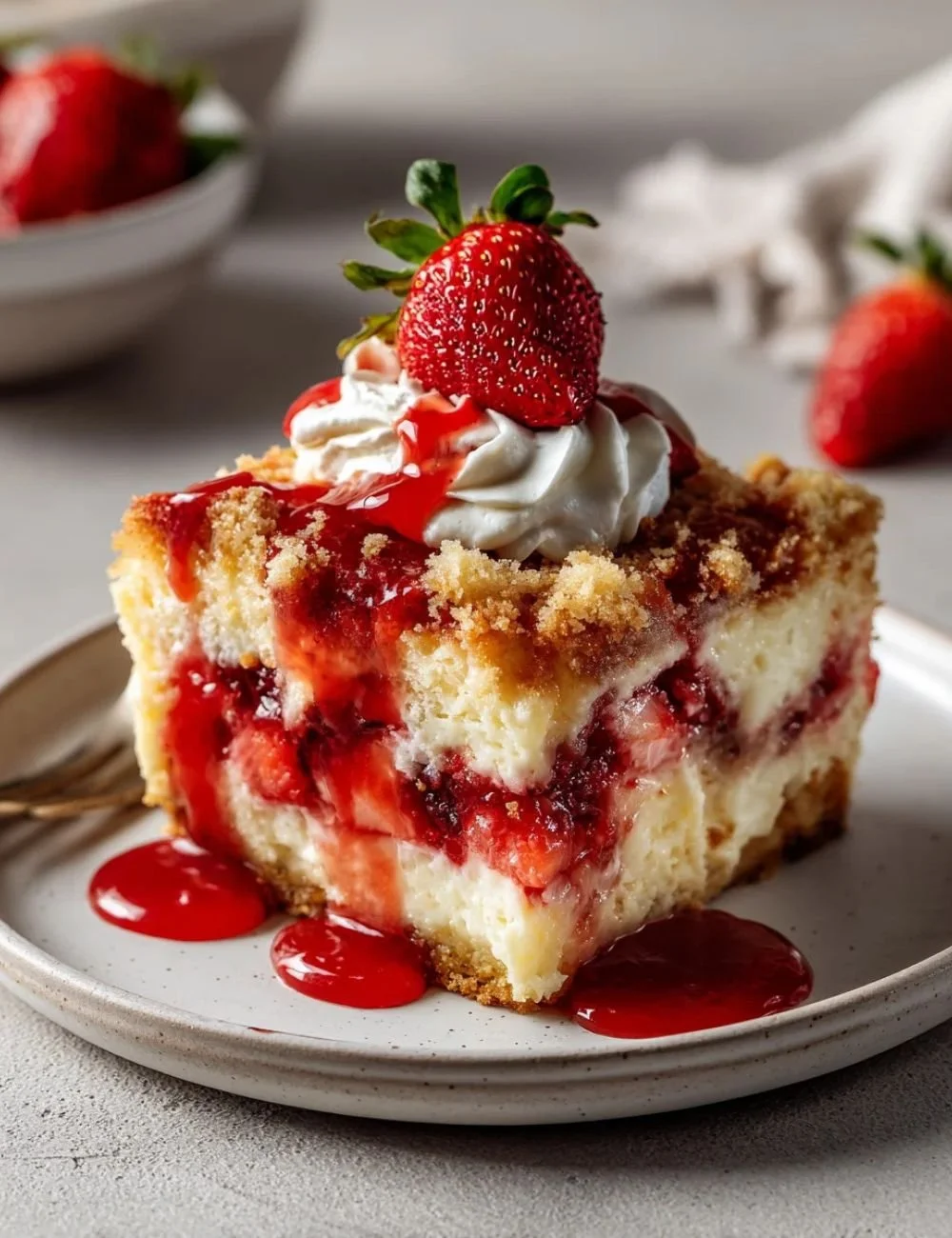 Delicious ultimate strawberry cheesecake dump cake topped with fresh strawberries