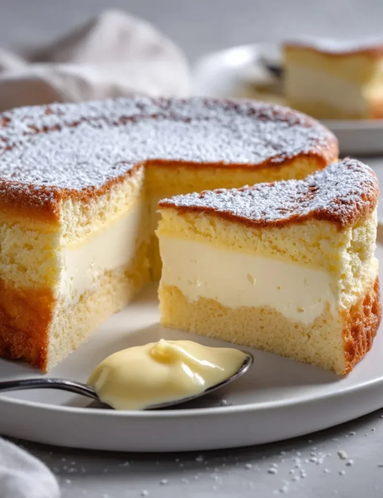 Sliced Vanilla Magic Custard Cake showcasing creamy layers and a golden crust.