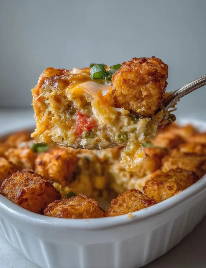 Vegan Tater Tot Breakfast Casserole served in a baking dish with fresh herbs