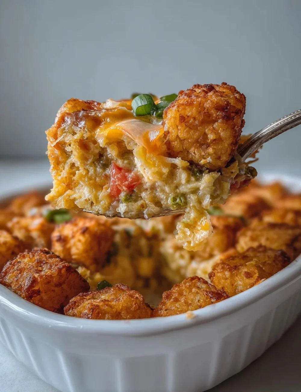 Vegan Tater Tot Breakfast Casserole served in a baking dish with fresh herbs