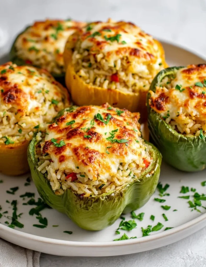 Vegetarian stuffed bell peppers filled with rice and vegetables on a plate