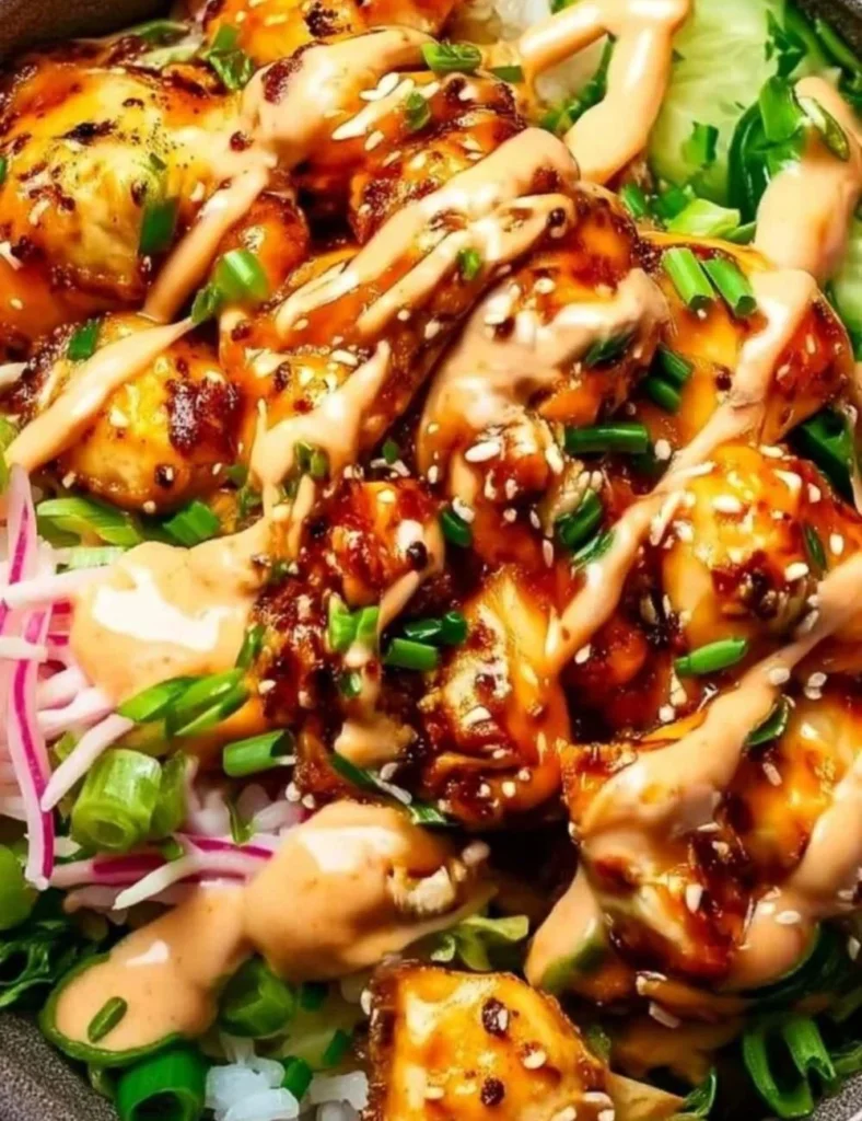 Delicious Bang Bang Chicken Bowl with creamy sauce and colorful veggies