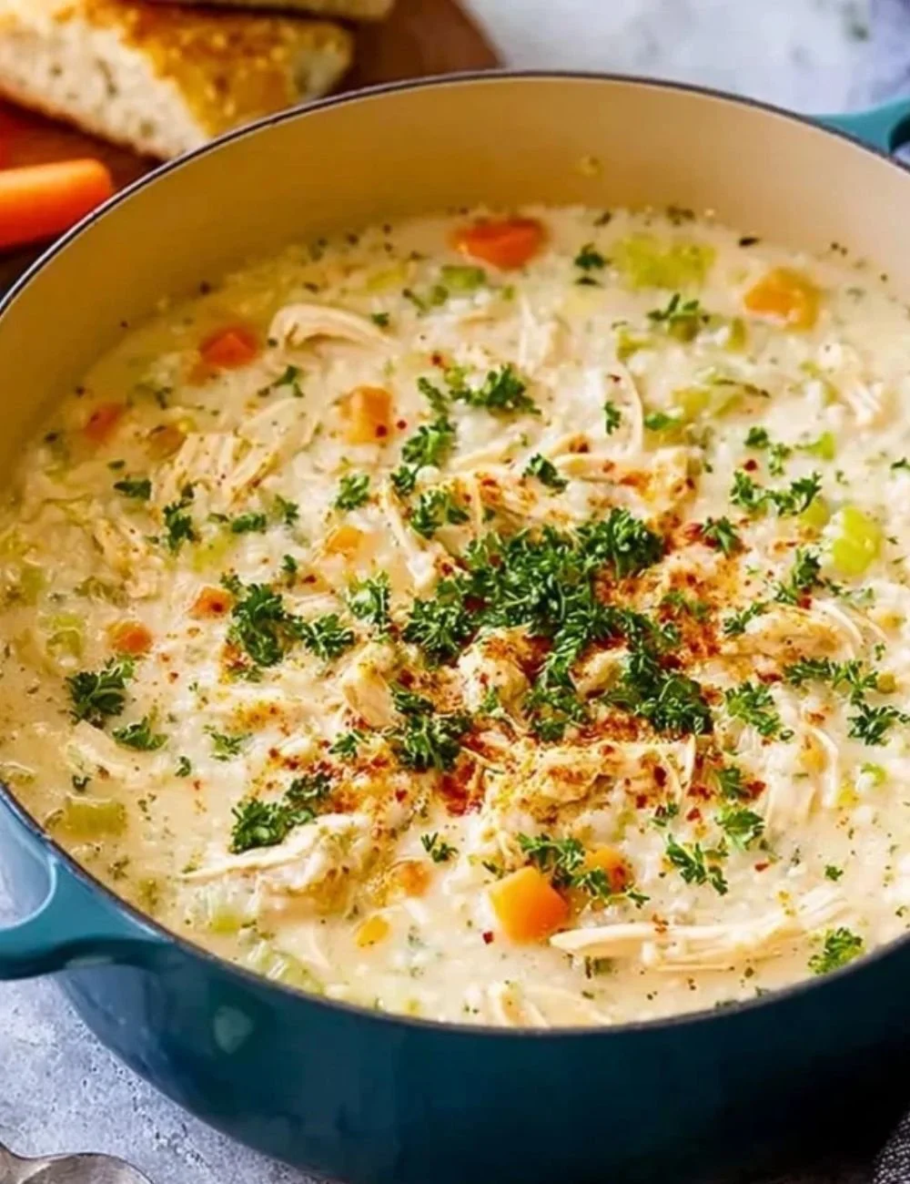 Bowl of Best Crack Chicken Rice Soup garnished with herbs and spices