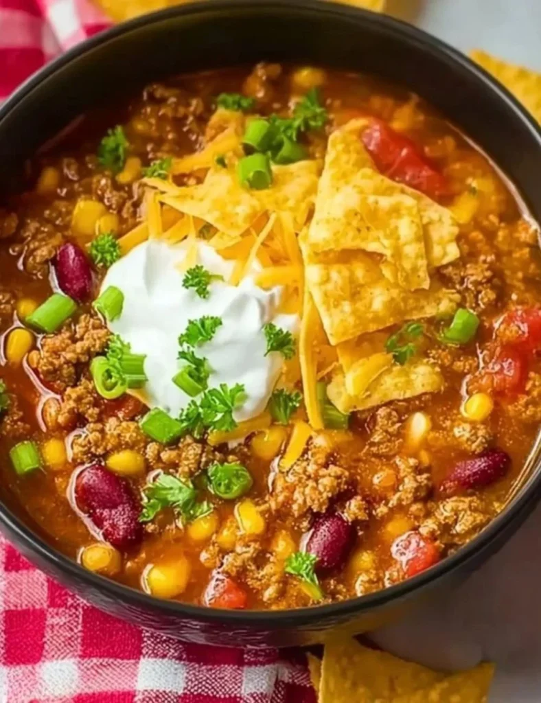 Delicious Crockpot Ground Beef Taco Soup in a bowl with toppings