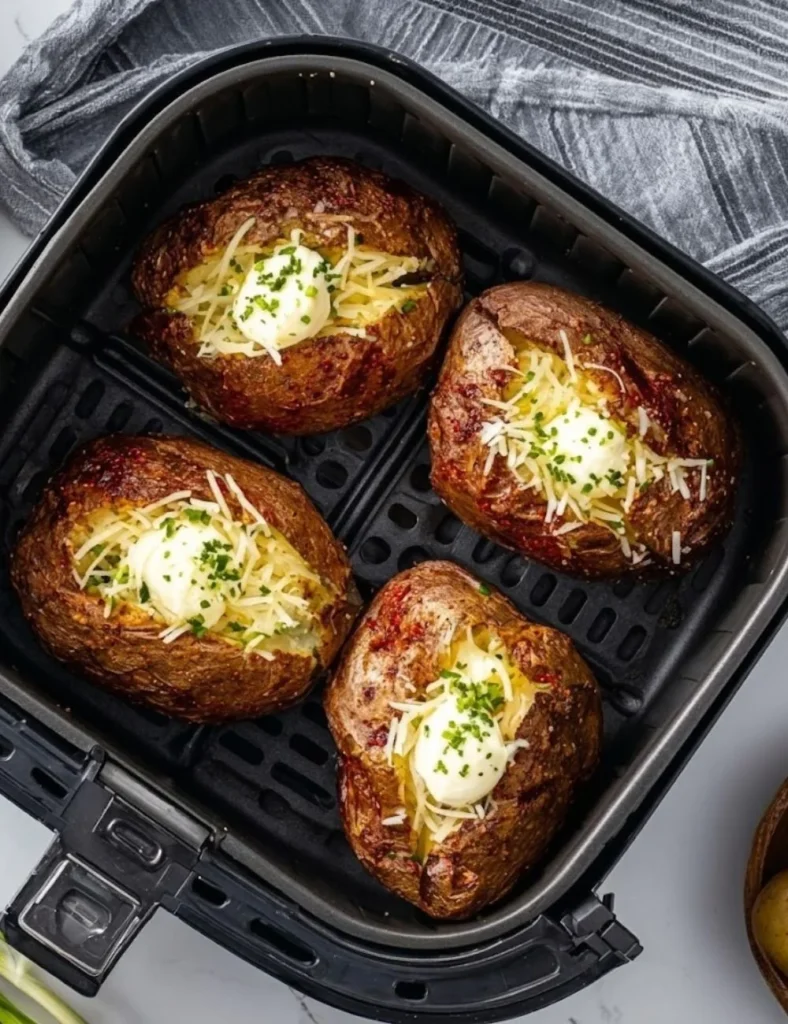 Crispy and fluffy air fryer baked potatoes served with toppings