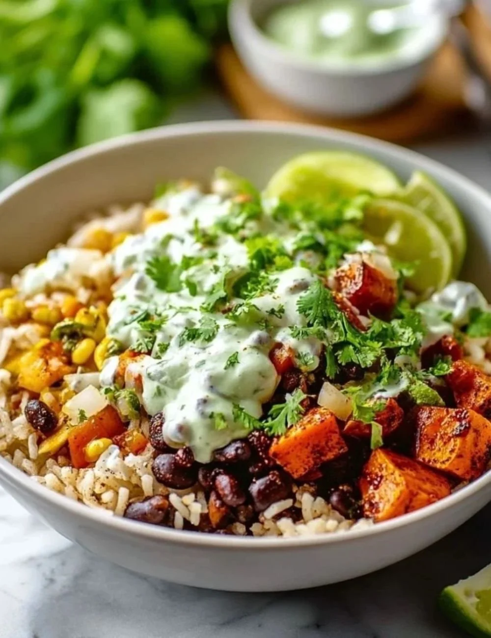 Black Bean and Rice Bowl with Cilantro Lime Yogurt Sauce
