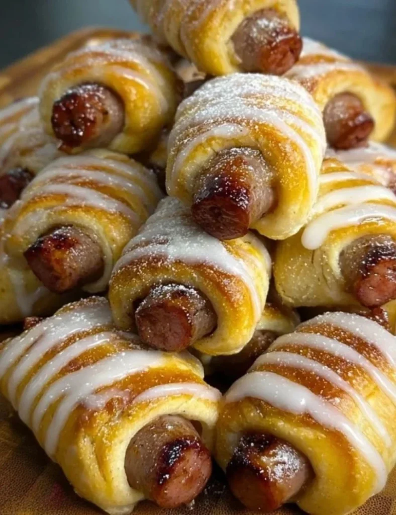 Breakfast Pigs in fluffy cinnamon rolls topped with icing