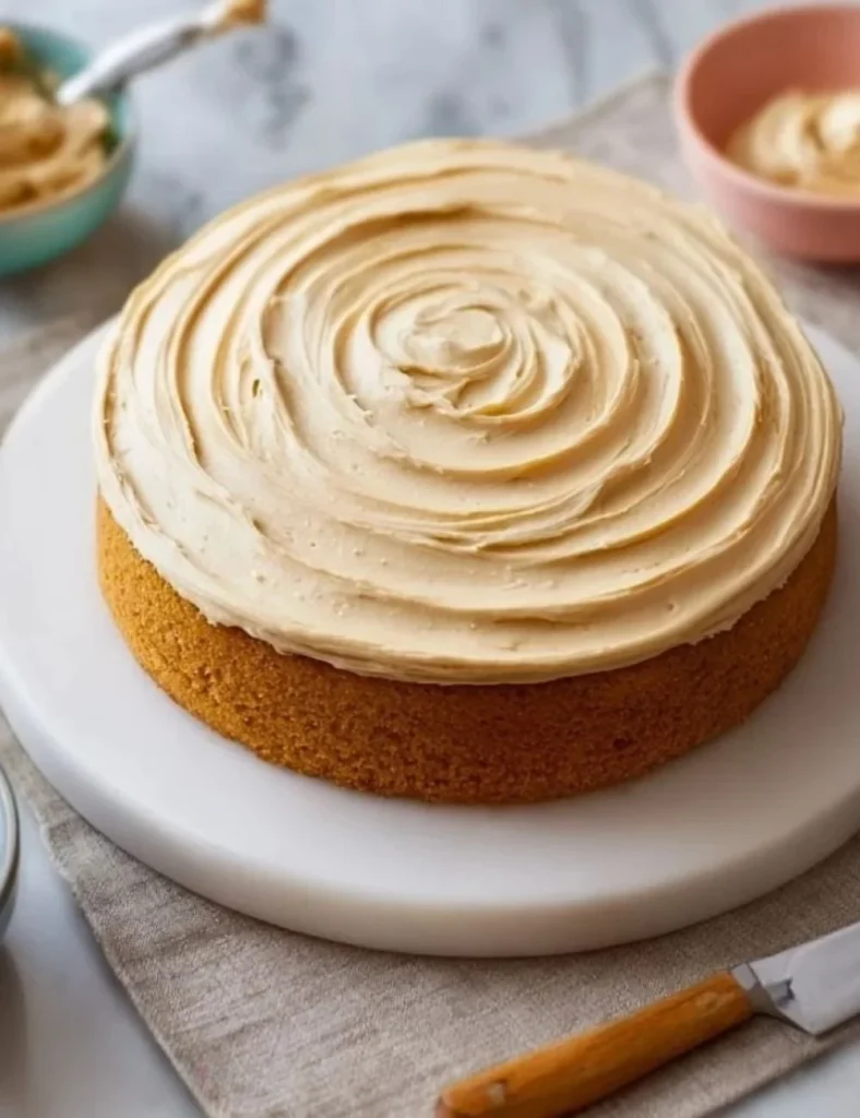 Delicious brown butter cake frosting on a slice of cake