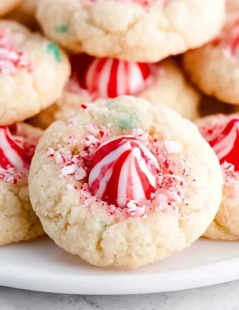 Plate of festive Candy Cane Kiss Cookies with peppermint flavor and Hershey's kisses