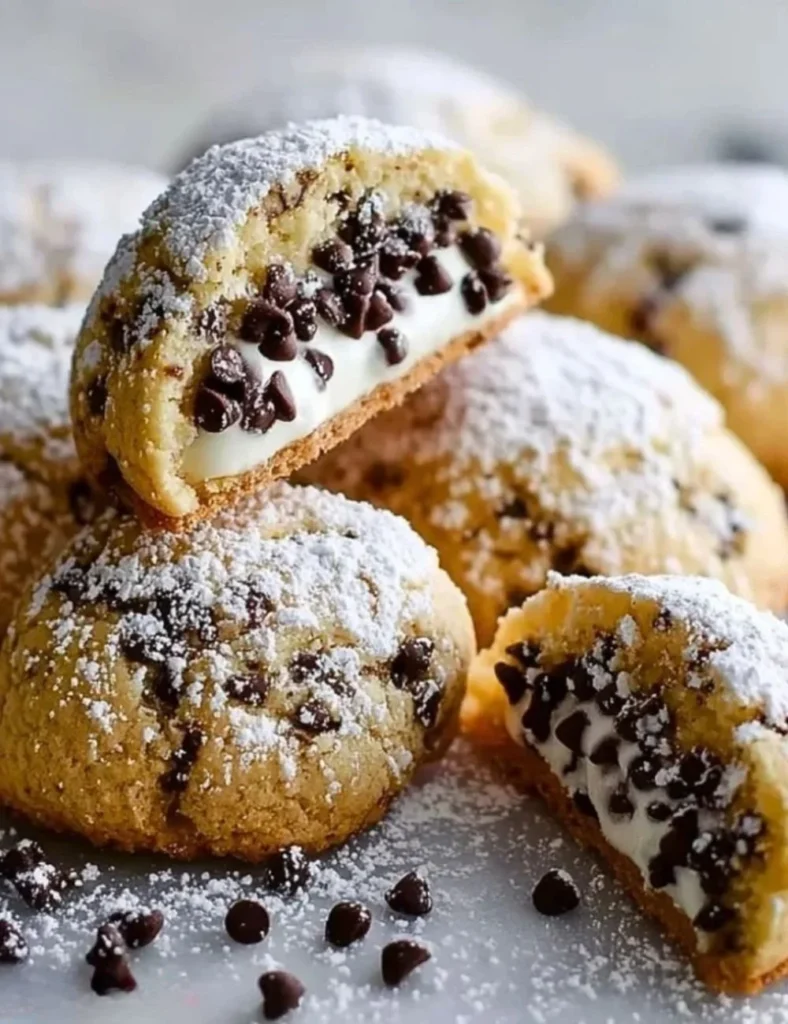 Freshly baked cannoli cookies with creamy filling and chocolate chips.
