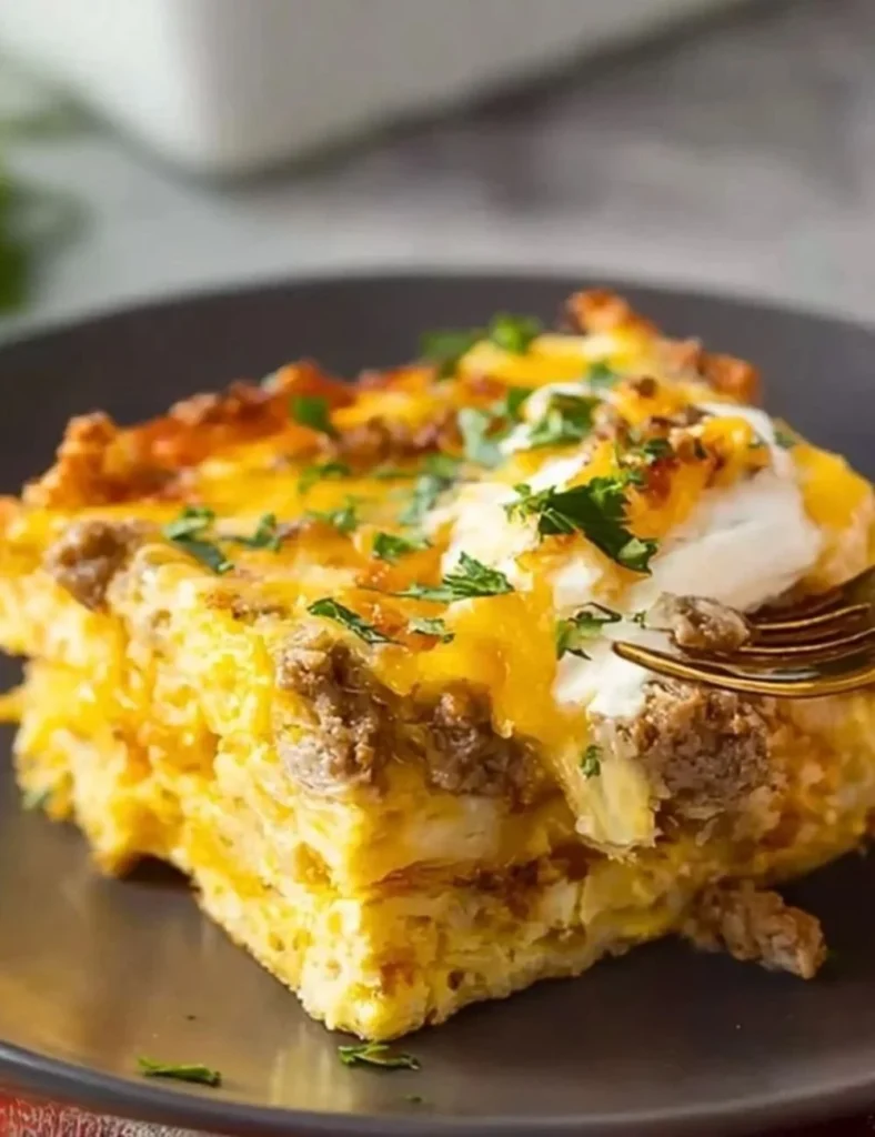 Cheesy Southwest Tortilla Breakfast Casserole topped with fresh herbs and spices.