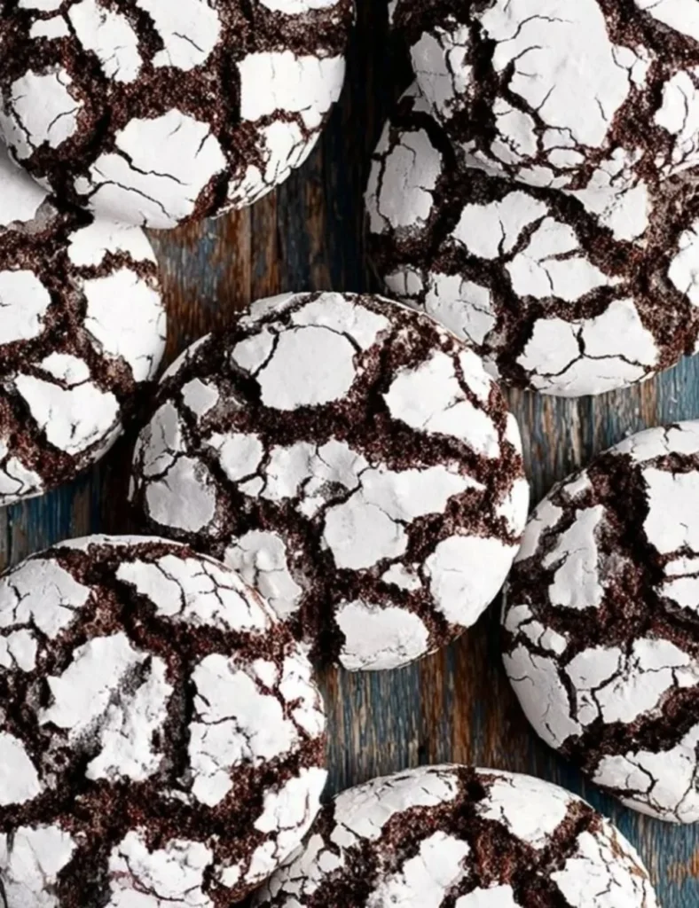 Delicious chocolate crinkle cookies dusted with powdered sugar on a plate
