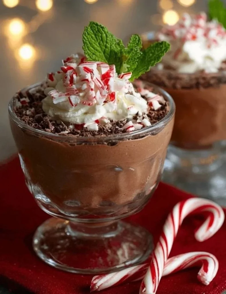Delicious chocolate peppermint mousse dessert in a decorative glass