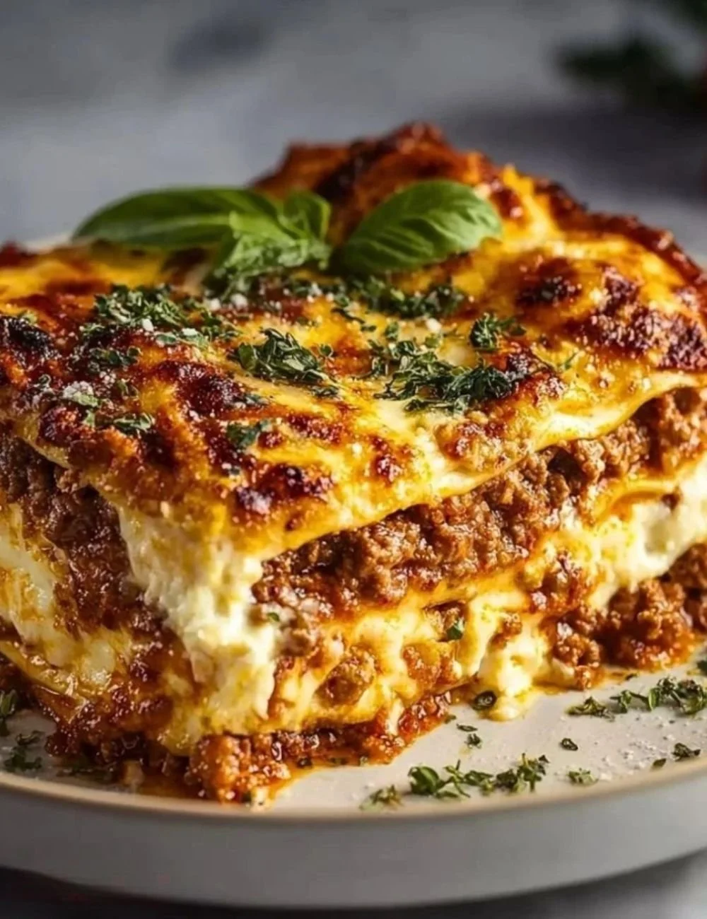 Delicious Christmas Eve lasagna served with festive decorations.