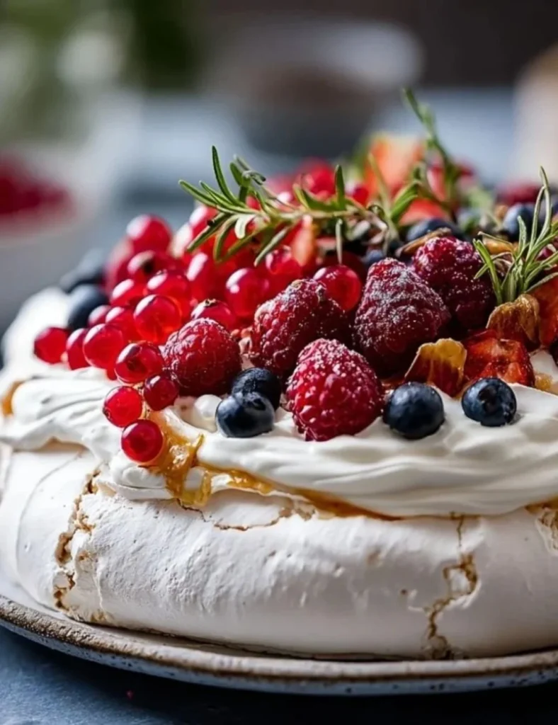 Delicious Christmas Pavlova dessert topped with fresh fruits and cream