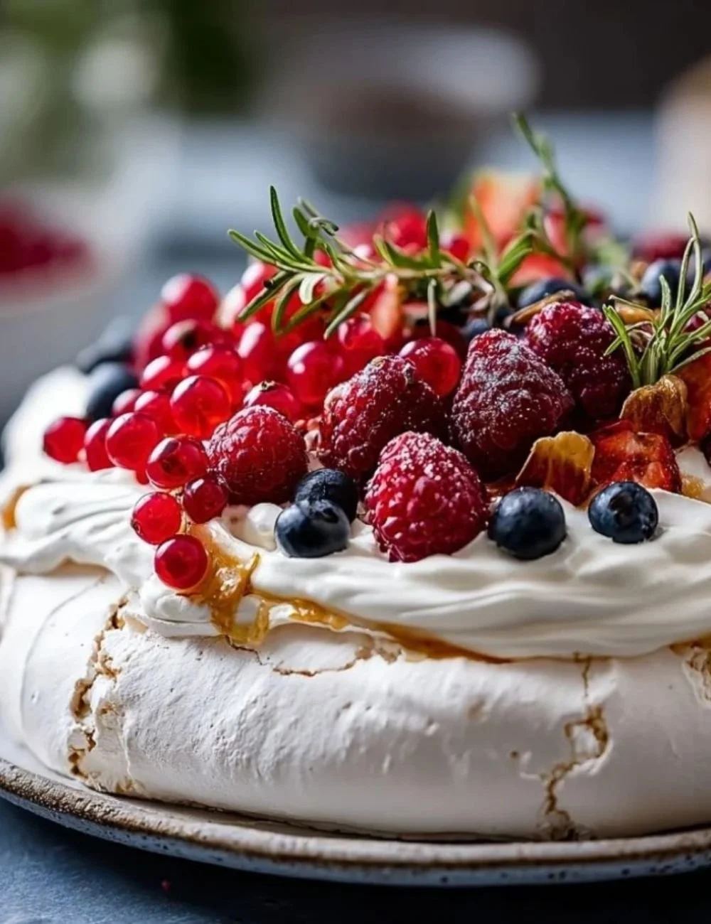 Delicious Christmas Pavlova dessert topped with fresh fruits and cream