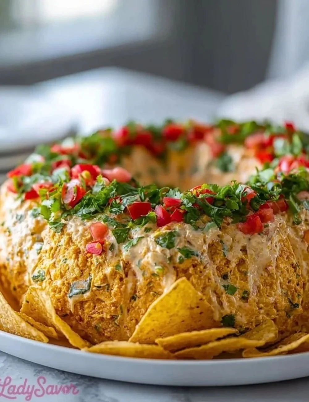 Christmas Taco Cheese Ball Wreath appetizer on a festive table.