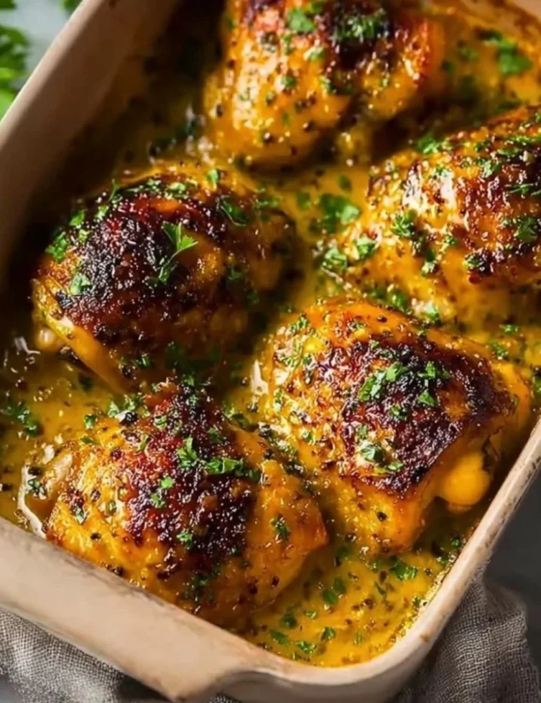 Delicious honey mustard chicken thighs plated with herbs and vegetables.