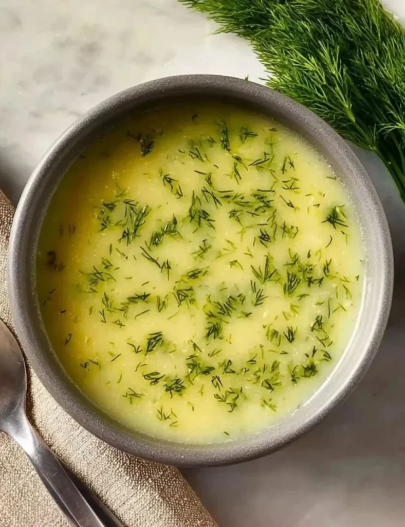 Bowl of classic potato leek soup garnished with dill.