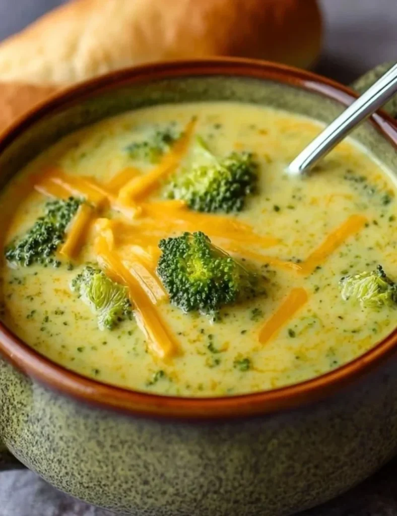 Bowl of creamy broccoli cheddar soup inspired by Panera's recipe