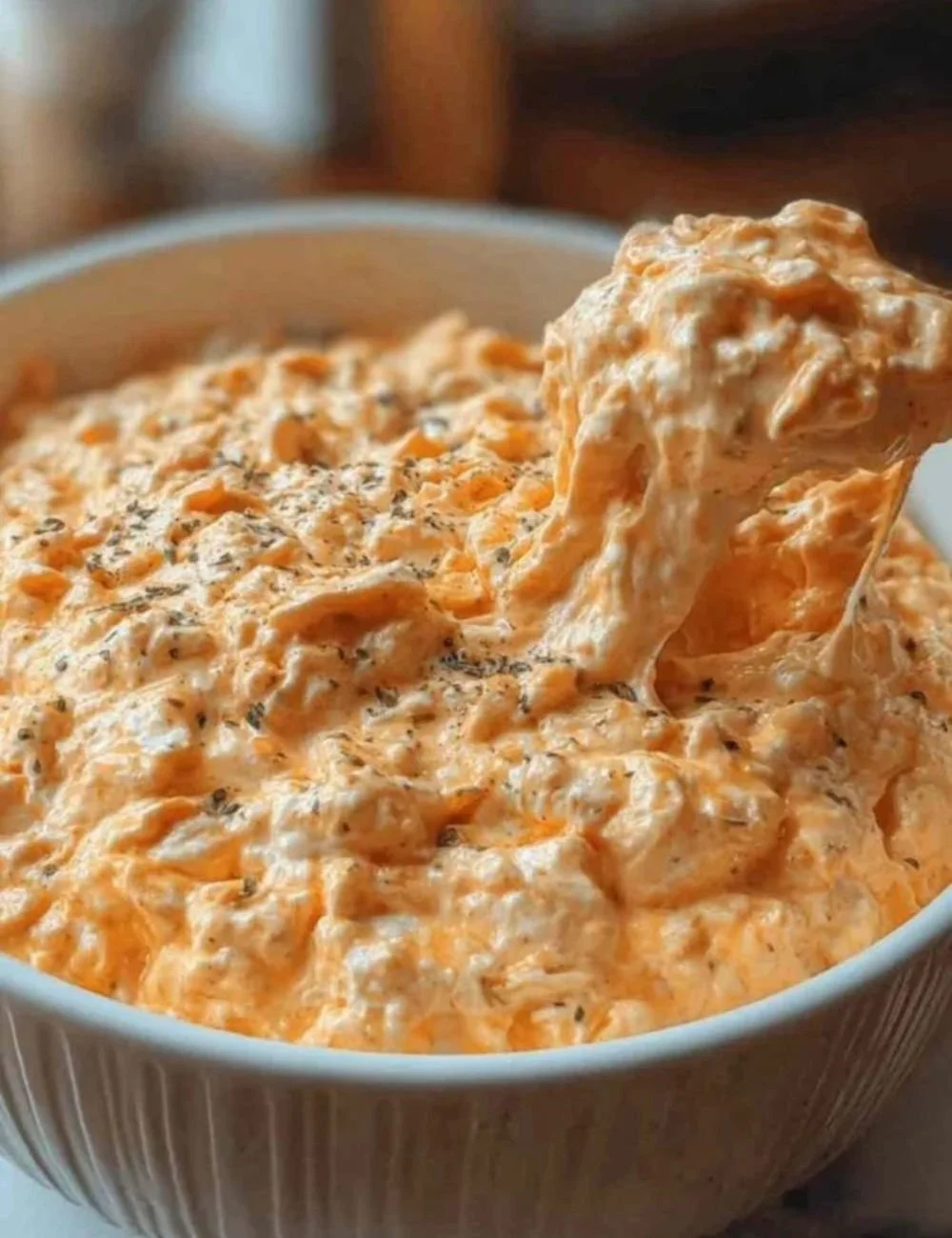 Cottage Cheese Buffalo Chicken Dip served in a bowl