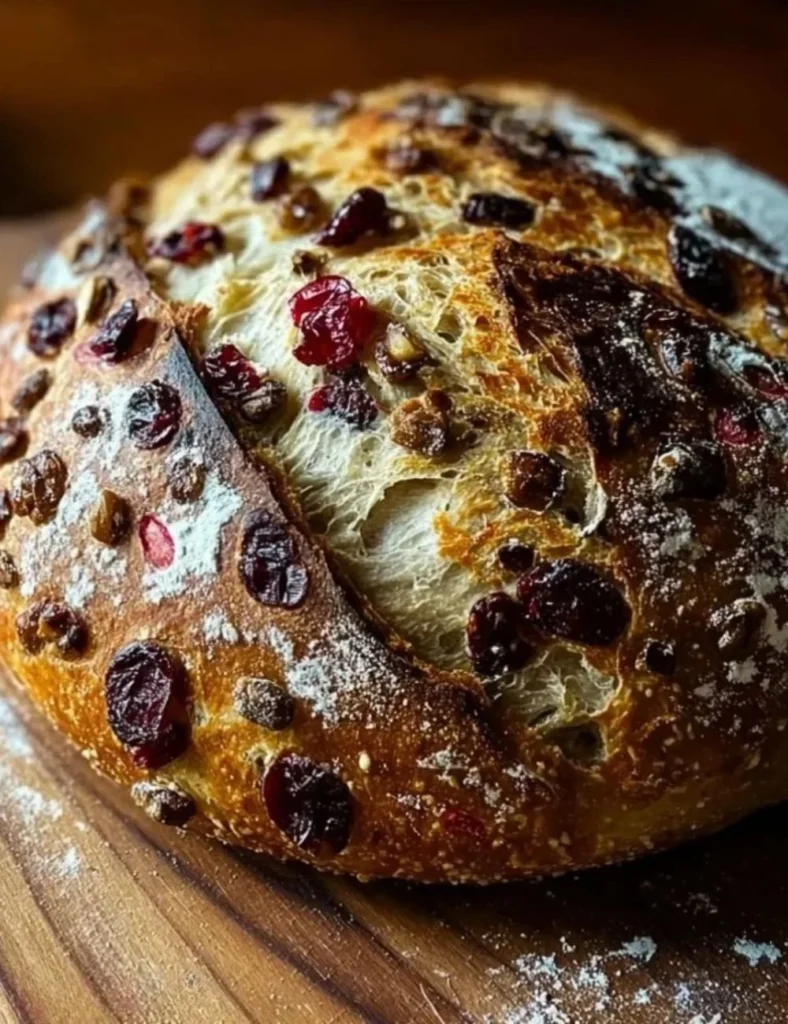 Sliced Cranberry Raisin Walnut Cinnamon Artisan Bread on a wooden board