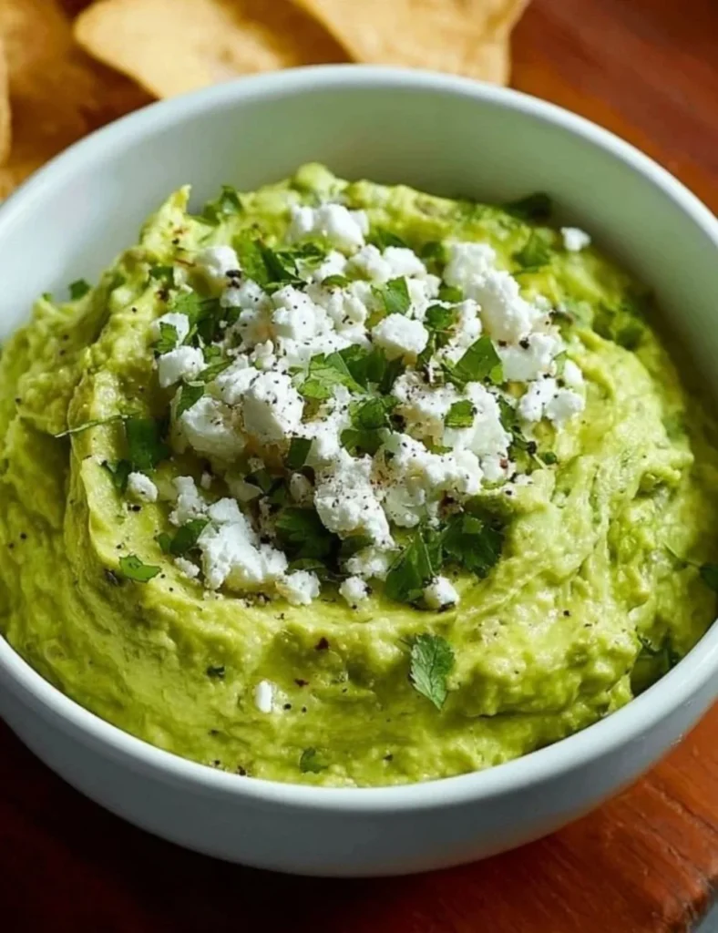 Creamy avocado feta dip served with fresh vegetables and crackers
