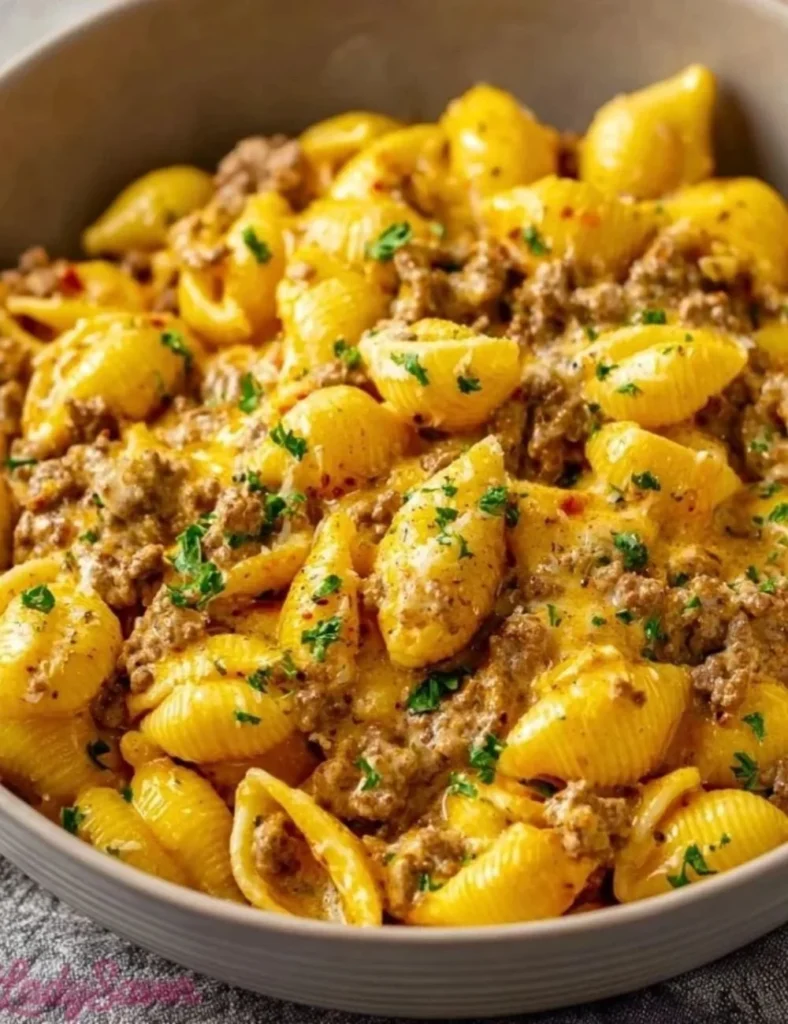 Creamy one-pot beef and shells dish served in a bowl with fresh herbs.