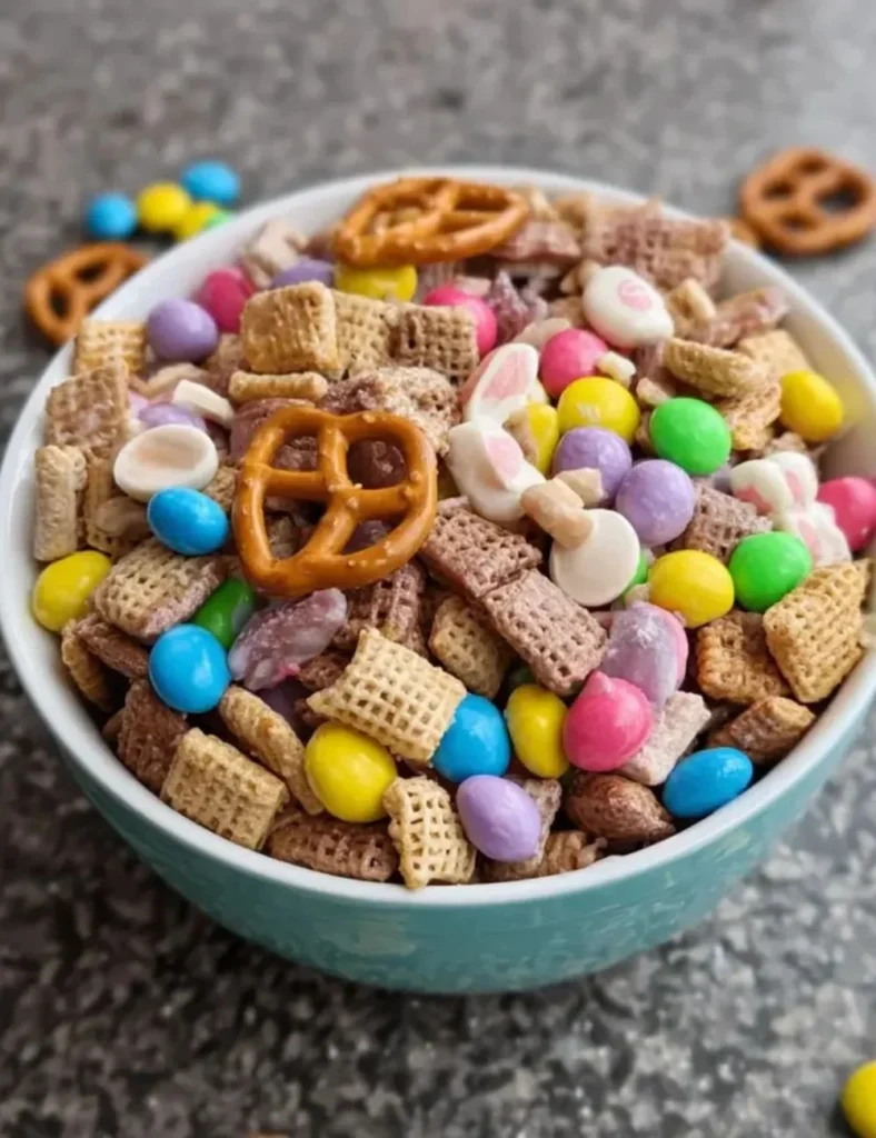 Colorful Easter Bunny Munch snack mix with chocolate and sprinkles